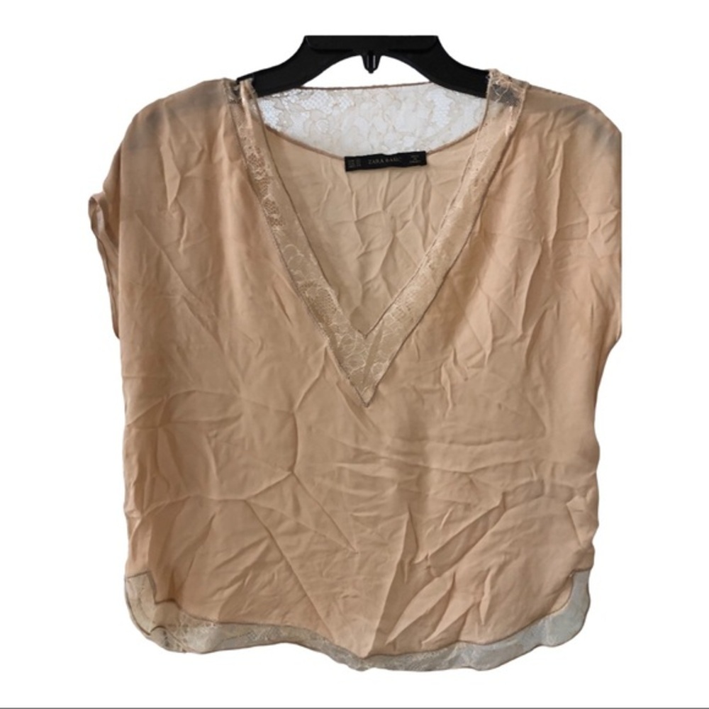 Zara nude cap sleeve lace trimmed v-neck relaxed fit top blouse. Size‎ XS